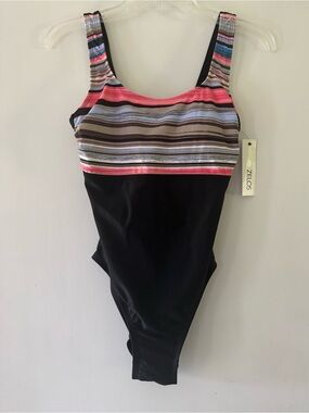 NWT ZELOS Black One-Piece Swimsuit with Multicolor Striped Accent